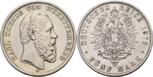 Württemberg Karl 1864-1891 5 Mark 1875 F  ... 