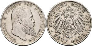 Württemberg Wilhelm II. 1891-1918 5 Mark ... 