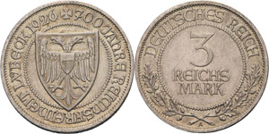 Gedenkausgaben  3 Reichsmark 1926 A Lübeck  ... 