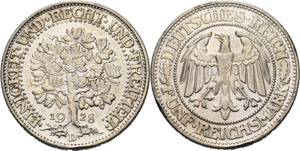 Gedenkausgaben  5 Reichsmark 1928 D Eichbaum ... 