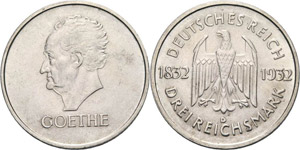 Gedenkausgaben  3 Reichsmark 1932 A Goethe  ... 