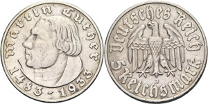 Gedenkausgaben  5 Reichsmark 1933 J Luther  ... 