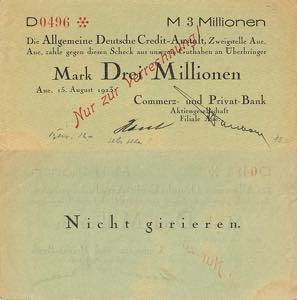 Sachsen Aue 3 Millionen Mark 15.8.1923. CuPB ... 