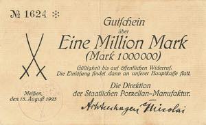 Sachsen Meißen 1 Million Mark 15.8.1923. ... 