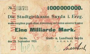 Sachsen Sayda 1 Milliarde Mark 24.9.1923. ... 