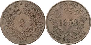 Argentinien-Buenos Aires  2 Reales 1853.  KM ... 