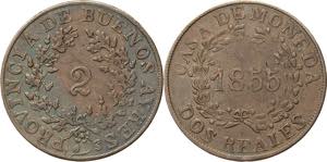 Argentinien-Buenos Aires  2 Reales 1855.  KM ... 