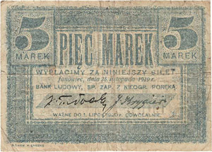 Ausland Polen 5 Marek 1919. Bank Ludowy  ... 