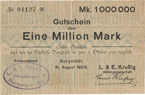 Sachsen Burgstädt 1 Million Mark 31.8.1923. ... 