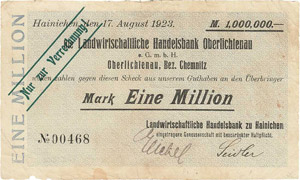 Sachsen Hainichen 1 Million Mark 22.8.1923. ... 