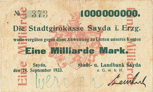 Sachsen Sayda 1 Milliarde Mark 24.9.1923. ... 