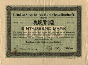 Deutschland Berlin, Lindcar-Auto AG Aktie ... 