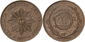 Uruguay  20 Centesimos 1857, D-Lyon  KM 9 ... 