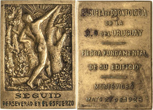 Uruguay  Bronzeplakette 1928. Schule der ... 