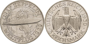 Gedenkausgaben  3 Reichsmark 1930 G Zeppelin ... 