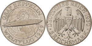 Gedenkausgaben  5 Reichsmark 1930 G Zeppelin ... 