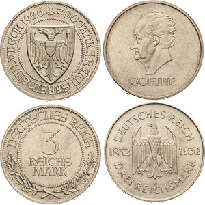 Weimarer Republik Lot-2 Stück 3 Reichsmark ... 