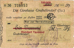 Sachsen Großröhrsdorf 1000 Mark 1922. ... 