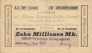 Sachsen Pirna 10 Millionen Mark 14.9.1923. ... 