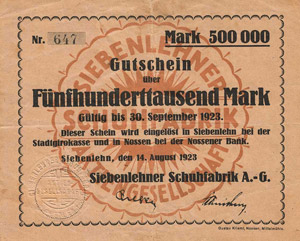 Sachsen Siebenlehn 500.000 Mark 14.8.1923. ... 