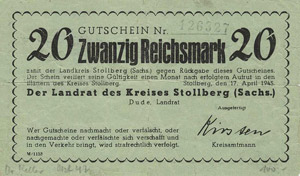 Sachsen Stollberg 20 Reichsmark 17.4.1945. ... 