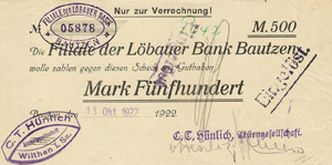 Sachsen Wilthen 500 Mark 13.10.1922. C.T. ... 