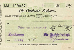 Sachsen Zschopau 500.000 Mark 8.8.1923 und ... 