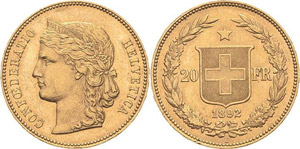 Schweiz-Eidgenossenschaft  20 Franken 1892, ... 