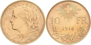 Schweiz-Eidgenossenschaft  10 Franken 1916, ... 