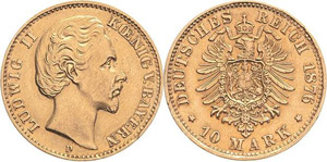 Bayern Ludwig II. 1864-1886 10 Mark 1876 D  ... 