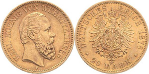 Württemberg Karl 1864-1891 20 Mark 1876 F  ... 