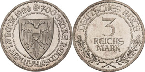 Gedenkausgaben  3 Reichsmark 1926 A Lübeck  ... 