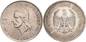 Gedenkausgaben  5 Reichsmark 1934 F Schiller ... 