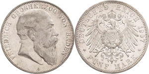 Baden Friedrich I. 1856-1907 5 Mark 1907 G  ... 