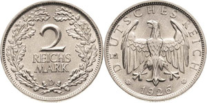 Kleinmünzen  2 Reichsmark 1926 D  Jaeger ... 