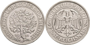 Gedenkausgaben  5 Reichsmark 1932 D Eichbaum ... 