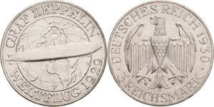 Gedenkausgaben  3 Reichsmark 1930 F Zeppelin ... 