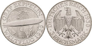 Gedenkausgaben  3 Reichsmark 1930 J Zeppelin ... 