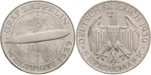 Gedenkausgaben  5 Reichsmark 1930 A Zeppelin ... 