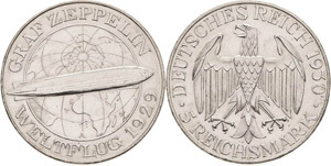 Gedenkausgaben  5 Reichsmark 1930 A Zeppelin ... 