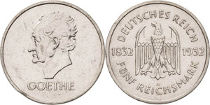 Gedenkausgaben  5 Reichsmark 1932 A Goethe  ... 
