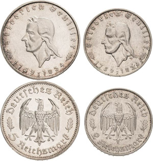 Gedenkausgaben  2 und 5 Reichsmark 1934 F ... 