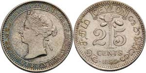 Ceylon Victoria 1837-1901 25 Cents 1899.  KM ... 
