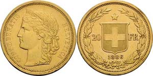 Schweiz-Eidgenossenschaft  20 Franken 1886, ... 