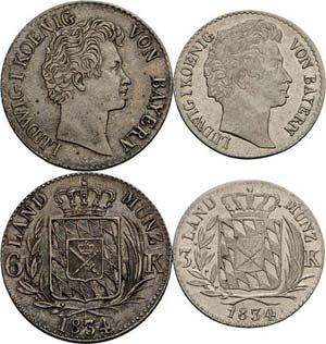 Bayern Ludwig I. 1825-1848 6 Kreuzer und 3 ... 