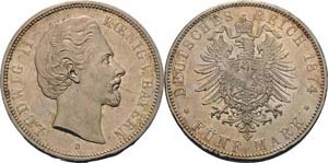Bayern Ludwig II. 1864-1886 5 Mark 1874 D  ... 