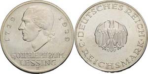 Gedenkausgaben  3 Reichsmark 1929 E Lessing  ... 