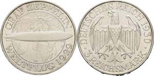 Gedenkausgaben  3 Reichsmark 1930 A Zeppelin ... 