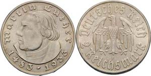 Gedenkausgaben  2 Reichsmark 1933 F Luther  ... 