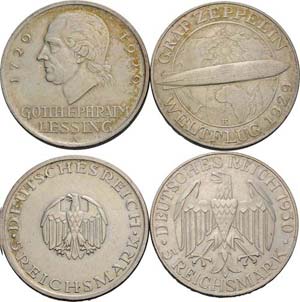 Weimarer Republik Lot-2 Stück 5 Reichsmark ... 